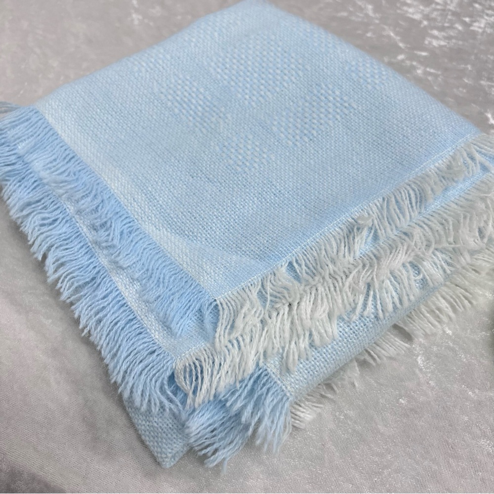 Blue Fringed baby Throw Blanket 34”x34” All Orlon Acrylic Churchill Handwoven